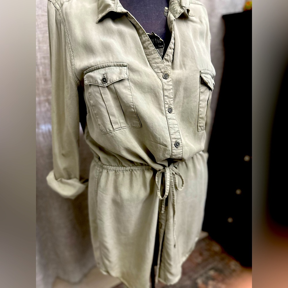 BeachLuncLounge Shirt Dress Light Green Khaki - Denim roll up Sleeves